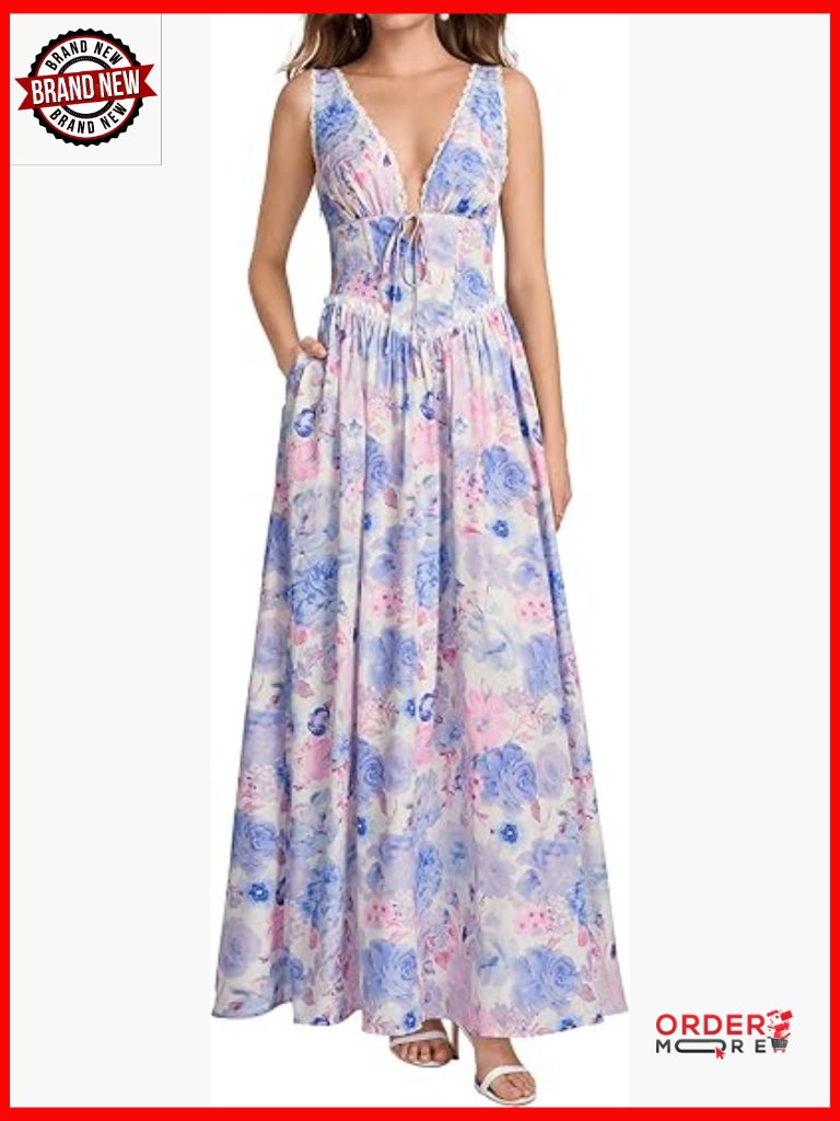 Women Floral Corset Maxi Dress V Neck Lace Trim A Line Sundress Wedding Guest